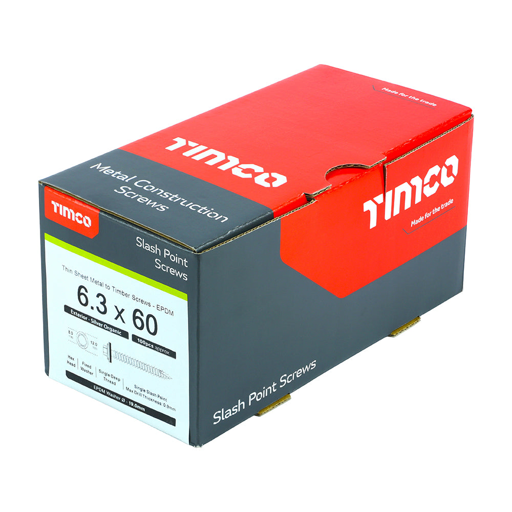 TIMCO Slash Point Sheet Metal to Timber Screws Exterior Silver with EPDM Washer - 6.3 x 60 Box OF 100 - DS60W19B