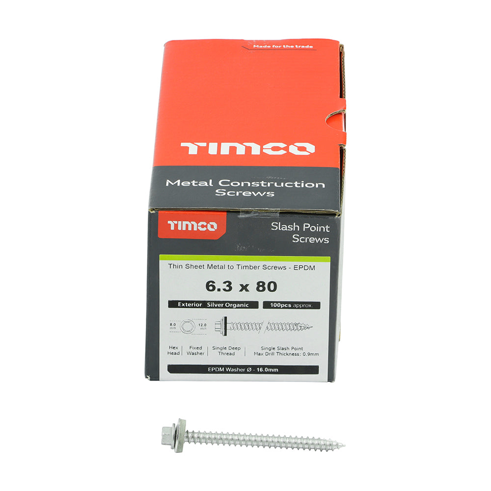 TIMCO Slash Point Sheet Metal to Timber Screws Exterior Silver with EPDM Washer - 6.3 x 80 Box OF 100 - DS80W16B