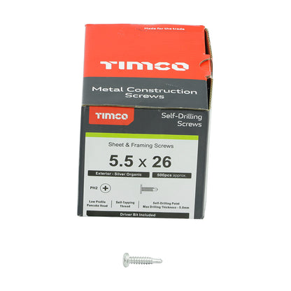 TIMCO Self-Drilling Metal Framing Low Profile Pancake Head Exterior Silver Screws - 5.5 x 26 Box OF 500 - FP26