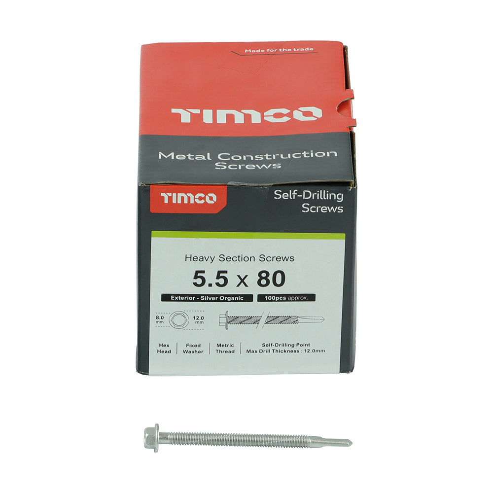 TIMCO Self-Drilling Heavy Section Screws Exterior Silver with EPDM Washer - 5.5 x 38 Box OF 100 - H38W16B