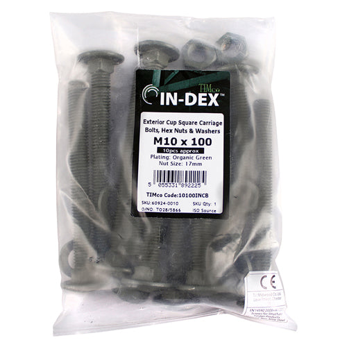 TIMCO Carriage Bolts DIN603 Hex Nuts & Form A Washers Green Exterior - M10 x 160 Bag OF 10 - 10160INCB