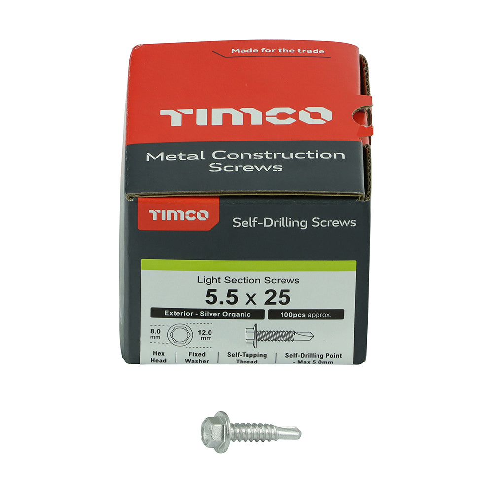 TIMCO Self-Drilling Light Section Screws Exterior Silver - 5.5 x 25 Box OF 100 - L25B