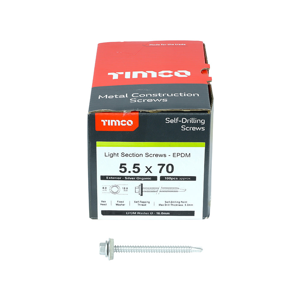 TIMCO Self-Drilling Light Section Screws Exterior Silver with EPDM Washer - 5.5 x 70 Box OF 100 - L70W16B