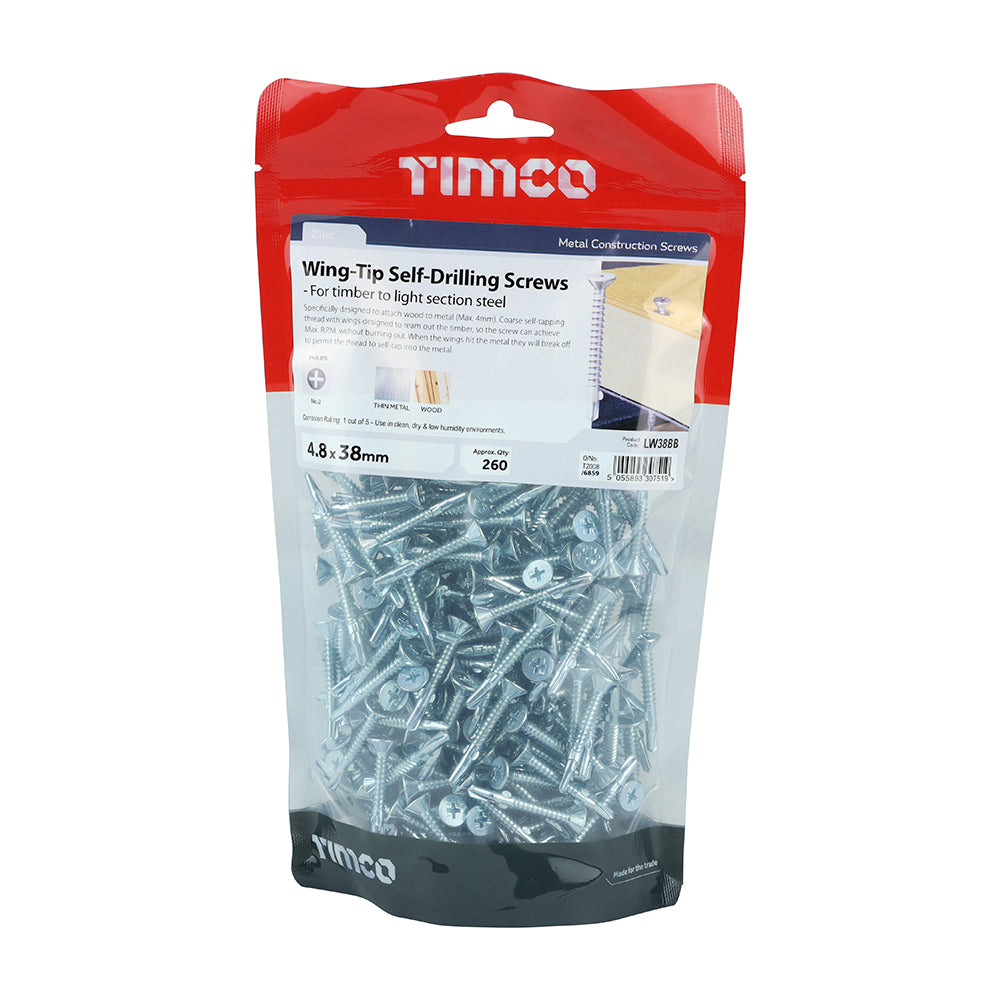 TIMCO Self-Drilling Wing-Tip Steel to Timber Light Section Silver Screws - 4.8 x 38 TIMbag OF 260 - LW38BB