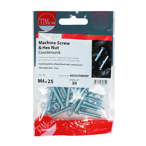 TIMCO Machine Countersunk Screws & Hex Nut Silver - M5 x 25 TIMpac OF 25 - 5025CPMHNP