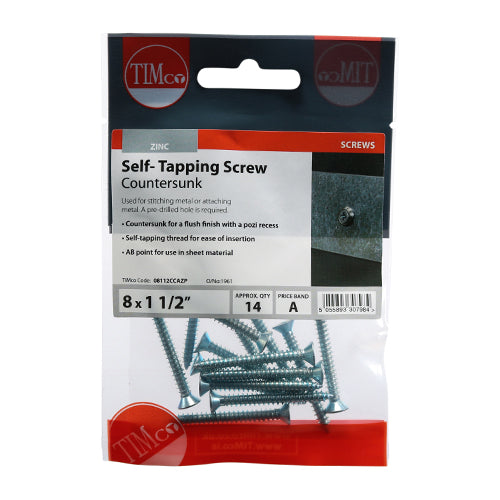 TIMCO Self-Tapping Countersunk Silver Screws - 8 x 1 1/2 TIMpac OF 14 - 08112CCAZP
