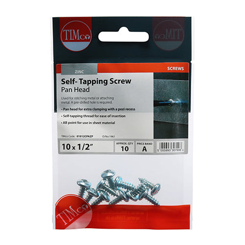 TIMCO Self-Tapping Pan Head Silver Screws - 10 x 1/2 TIMpac OF 10 - 01012CPAZP