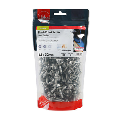 TIMCO Slash Point Sheet Metal to Timber Screws Exterior Silver with EPDM Washer - 6.3 x 32 TIMbag OF 120 - DS32W16BB