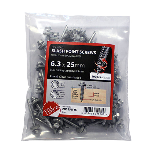 TIMCO Slash Point Sheet Metal to Timber Screws Silver with EPDM Washer - 6.3 x 100 Bag OF 100 - ZDS100W16