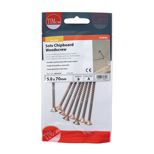 TIMCO Solo Countersunk Gold Woodscrews - 5.0 x 70 TIMpac OF 8 - 50070CHYP
