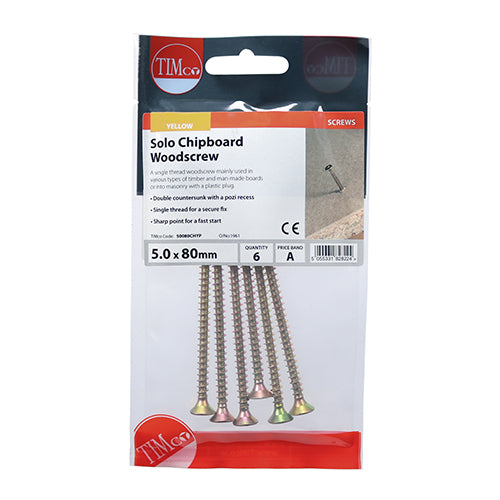 TIMCO Solo Countersunk Gold Woodscrews - 5.0 x 80 TIMpac OF 6 - 50080CHYP