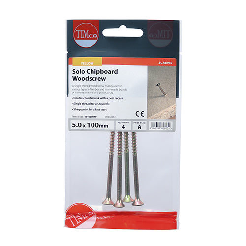 TIMCO Solo Countersunk Gold Woodscrews - 5.0 x 100 TIMpac OF 4 - 50100CHYP