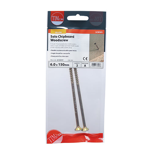 TIMCO Solo Countersunk Gold Woodscrews - 6.0 x 150 TIMpac OF 2 - 60150CHYP