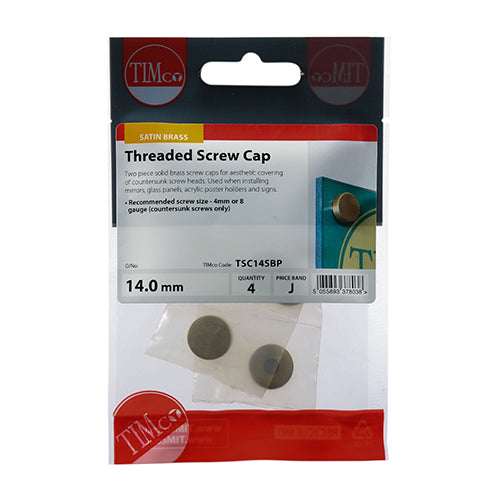 TIMCO Threaded Screw Caps Solid Brass Satin Brass - 14mm TIMpac OF 4 - TSC14SBP
