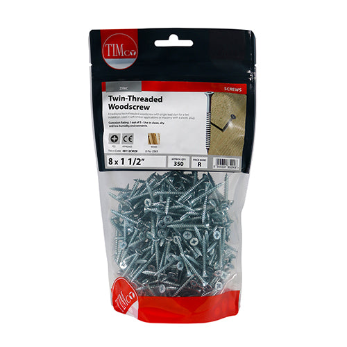 TIMCO Twin-Threaded Countersunk Silver Woodscrews - 8 x 11/2 TIMbag OF 350 - 08112CWZB