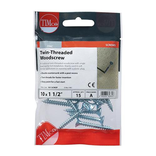 TIMCO Twin-Threaded Countersunk Silver Woodscrews - 10 x 11/2 TIMpac OF 15 - 10112CWZP