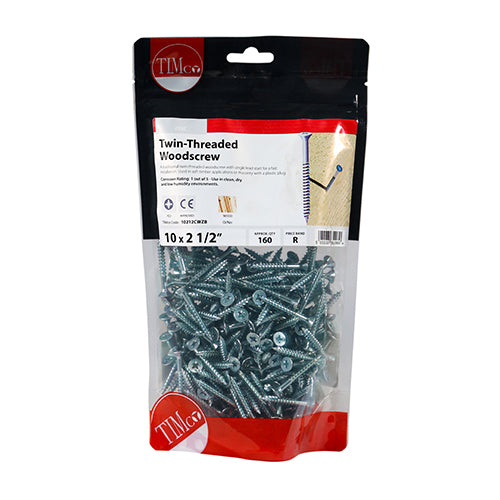TIMCO Twin-Threaded Countersunk Silver Woodscrews - 10 x 21/2 TIMbag OF 160 - 10212CWZB
