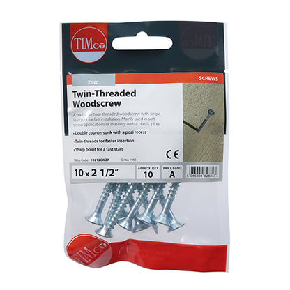TIMCO Twin-Threaded Countersunk Silver Woodscrews - 10 x 21/2 TIMpac OF 10 - 10212CWZP