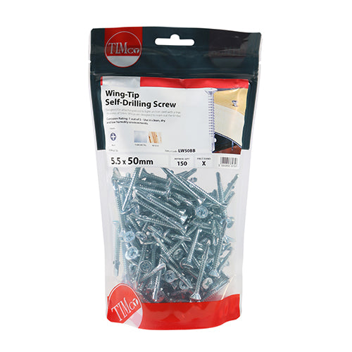 TIMCO Self-Drilling Wing-Tip Steel to Timber Light Section Silver Screws - 5.5 x 50 TIMbag OF 150 - LW50BB