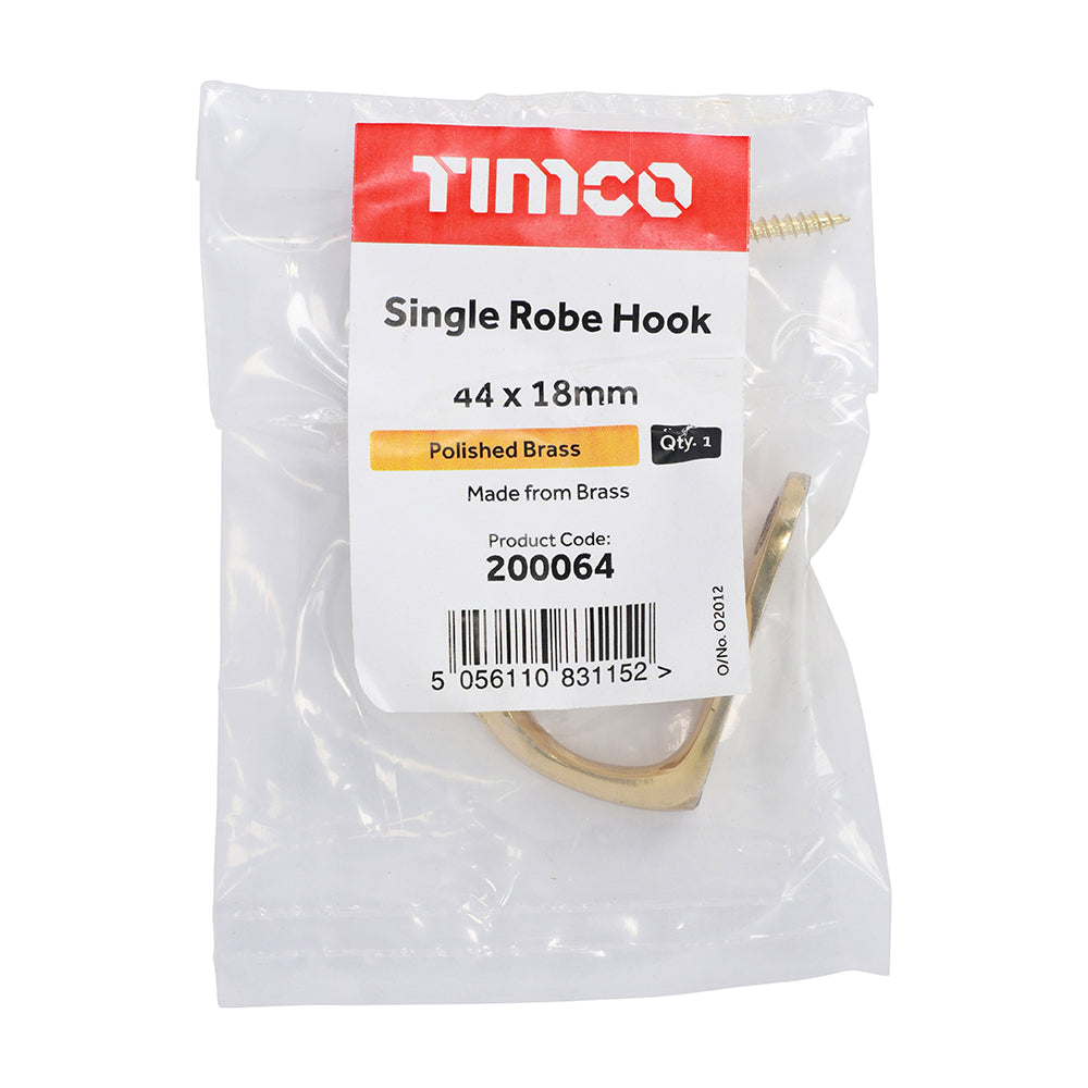 TIMCO Single Robe Hook Polished Brass - 44 x 18mm | Pack of 1