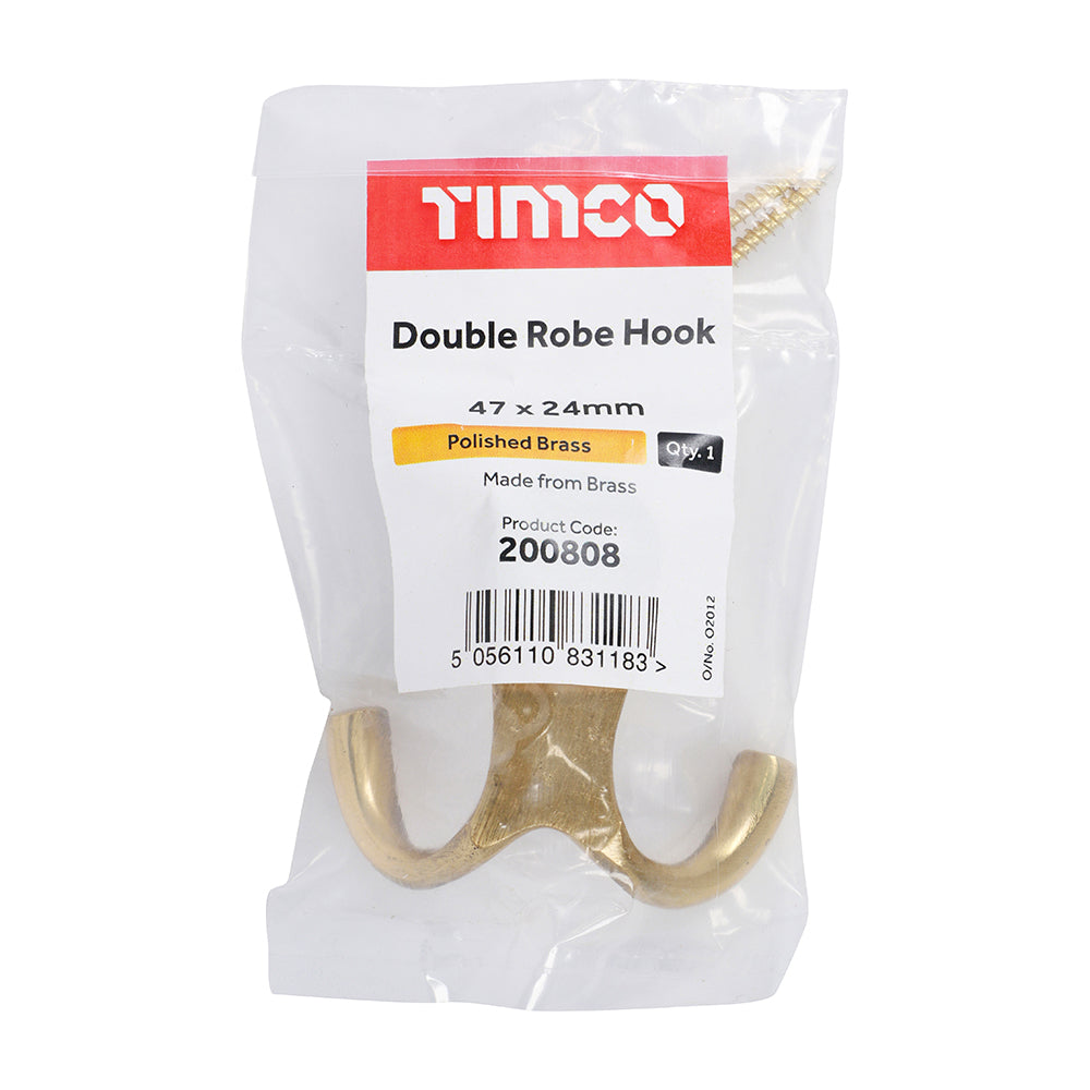 TIMCO Double Robe Hook Polished Brass - 47 x 24mm | Pack of 1