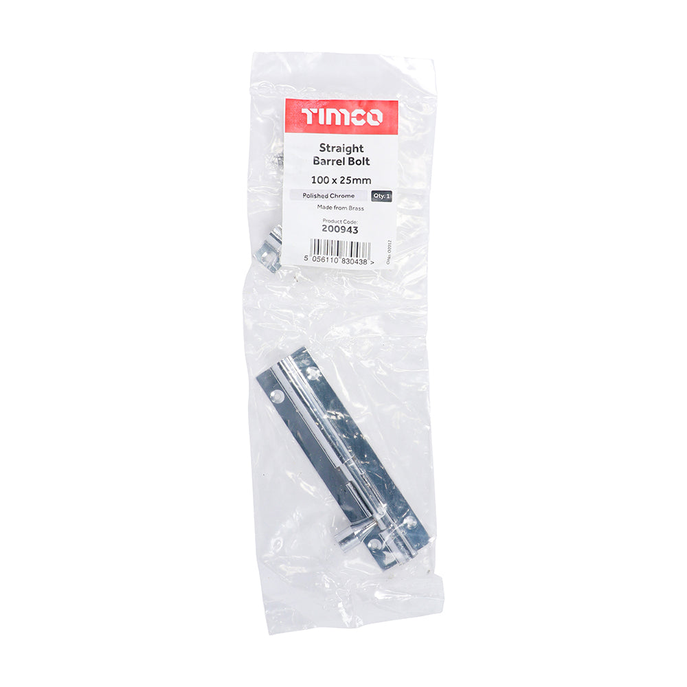 TIMCO Straight Barrel Bolt Polished Chrome - 100 x 25mm | Pack of 1