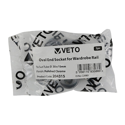 TIMCO End Socket For Oval Tube Polished Chrome - 30 x 15 | Pack of 2