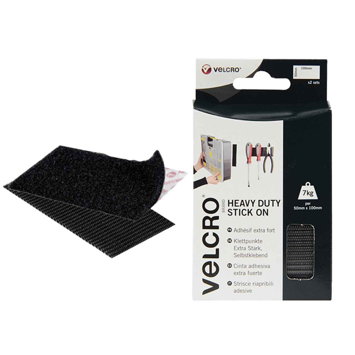 VELCRO 60239 Heavy-Duty Stick On Strips (2) 50 x 100mm Black
