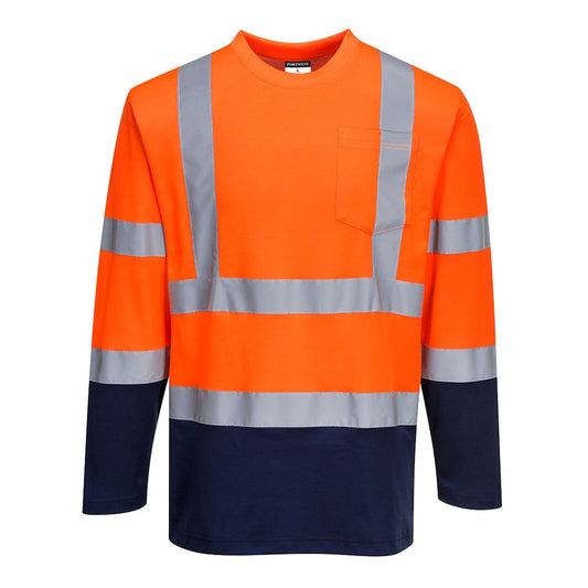 Portwest S280ONRL -  sz L Two-Tone Long Sleeved Cotton Comfort T-Shirt - Orange/Navy
