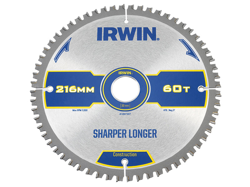 IRWIN® 1897397 Construction Mitre Circular Saw Blade 216 x 30mm x 60T ATB/Neg
