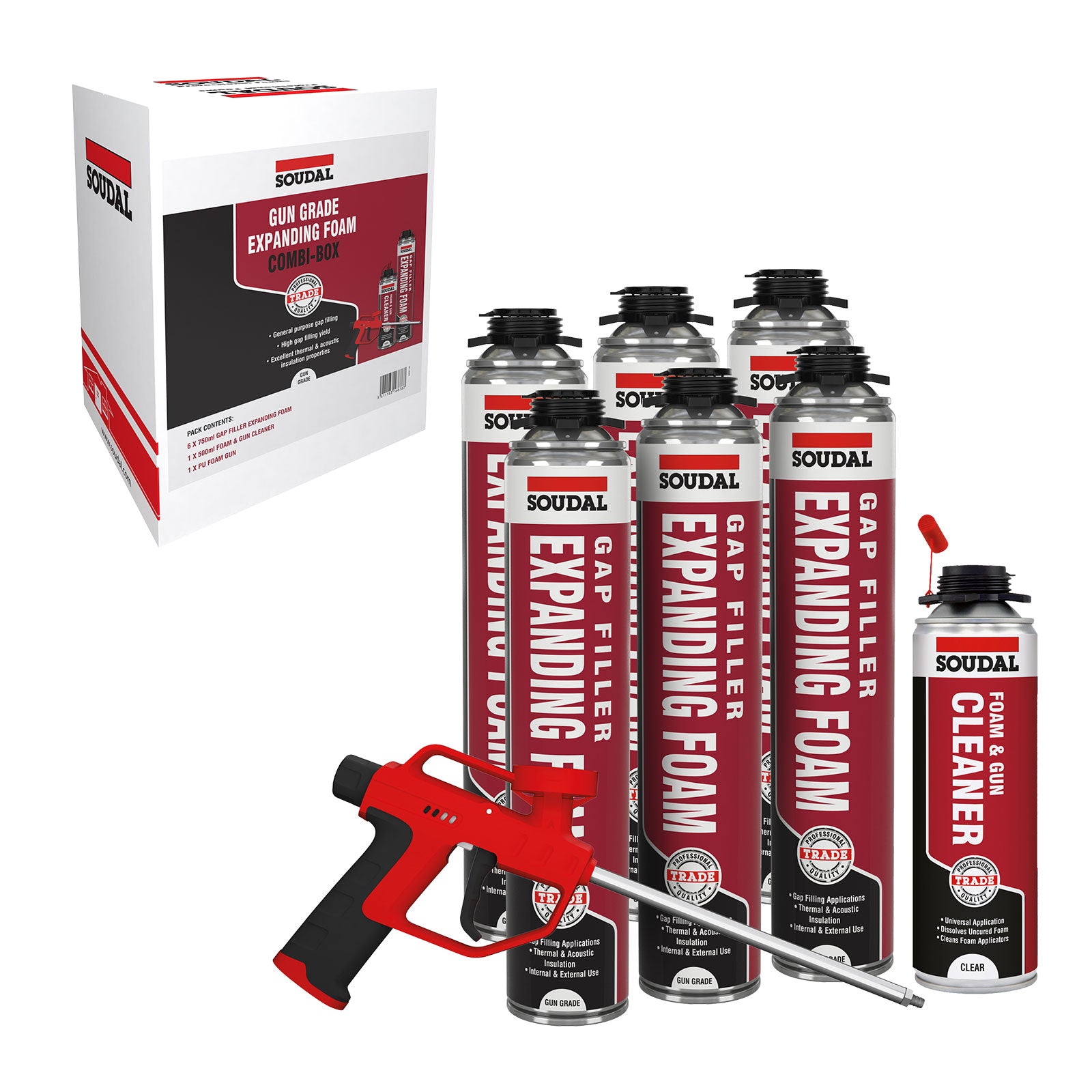 Soudal - Expanding Foam Gap Filler Combi-Box Gun 6 x Foam & Cleaner