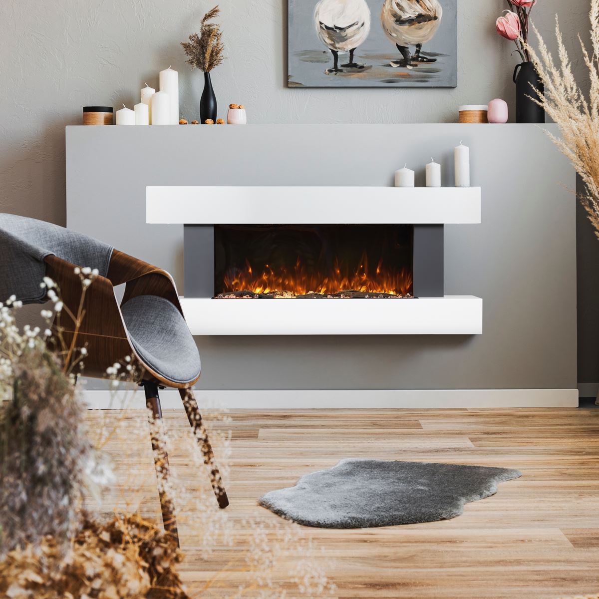 Baridi DH112 Wall Mounting Electric Fireplace with LED Flame Effect 52" - Grey | 230V~50Hz, Timer, Remote Control | Create a relaxing and cozy space
