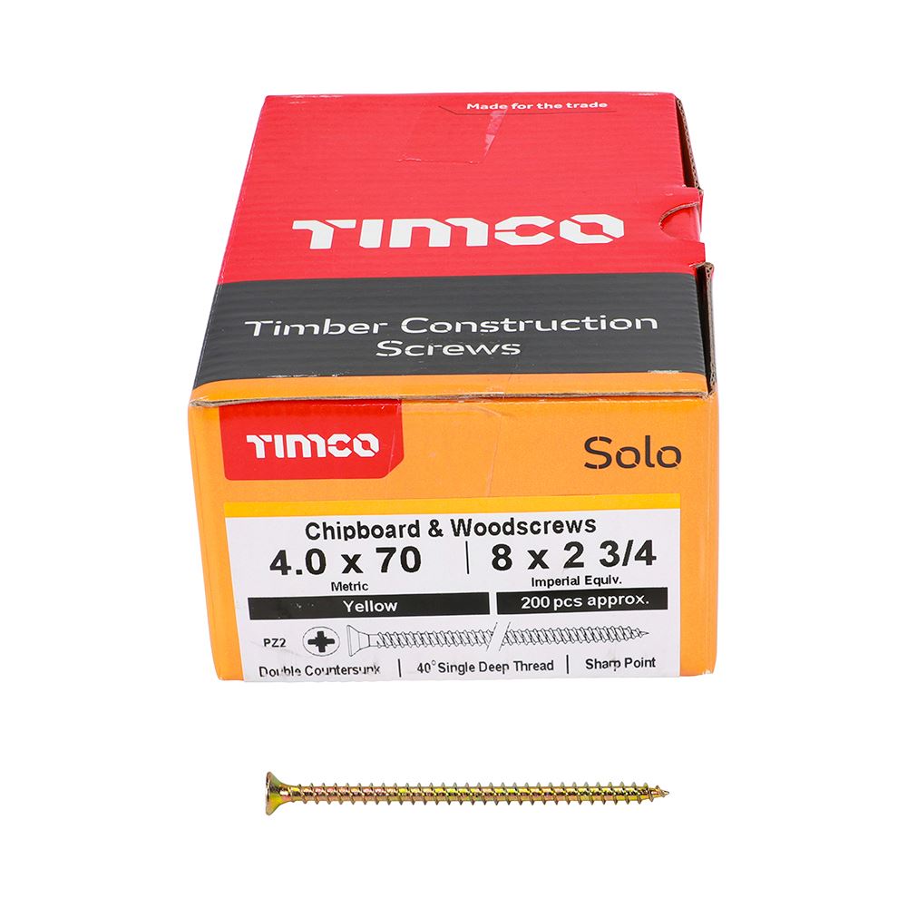 TIMCO Solo Woodscrew PZ2 CSK ZYP 4.0 x 70 Gold Pack 200