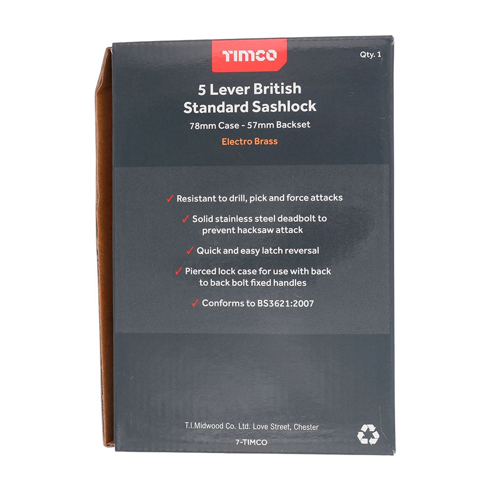 TIMCO 5 Lever BS Sashlock E. Brass 78mm Pack 1