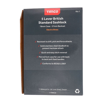 TIMCO 5 Lever BS Sashlock E. Brass 78mm Pack 1