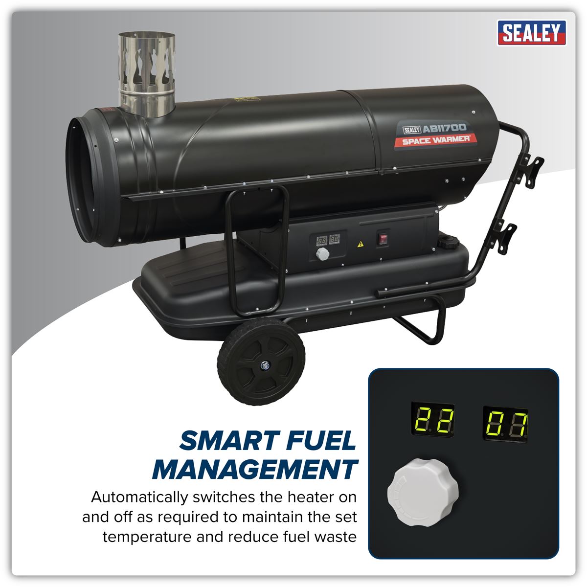 Sealey ABI1700 Space Warmer Indirect Kerosene/Diesel Heater with Wheels 170,000Btu/hr | 170,607Btu/hr(50kW), 230v~50Hz, Thermostat, Wheels