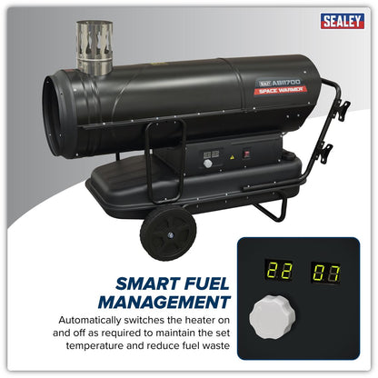 Sealey ABI1700 Space Warmer Indirect Kerosene/Diesel Heater with Wheels 170,000Btu/hr | 170,607Btu/hr(50kW), 230v~50Hz, Thermostat, Wheels