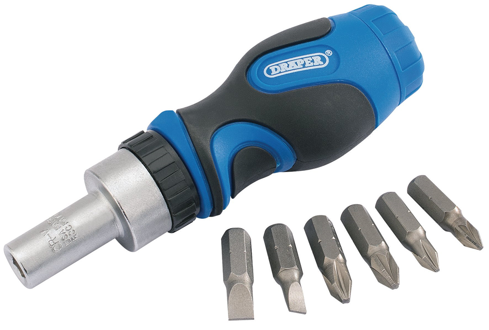 Draper STUBBY RAT. S/DRIVER & BIT SET 01050 Stubby Ratchet Screwdriver and Bit Set (7 Piece)