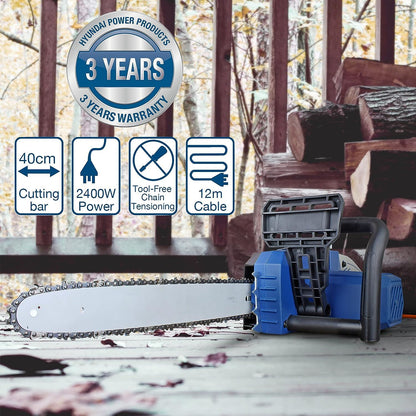 Hyundai HYC2400E Electric Chainsaw 2400W 16in 40cm Bar 15m/s Chain 230V Corded Garden Saw Tree Log Cutting Garden Saw