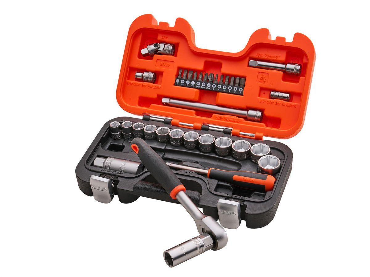 Bahco 1/4in & 3/8in Drive Socket Set (34 Piece) Professional Trade DIY Workshop Equipment