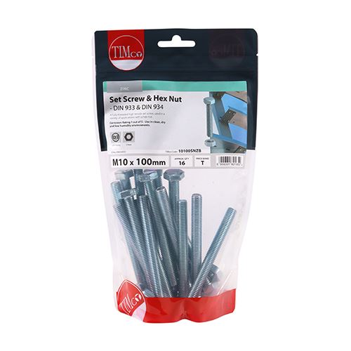 TIMCO Set Screw & Hex Nut - BZP M10 x 100 Silver Pack 16