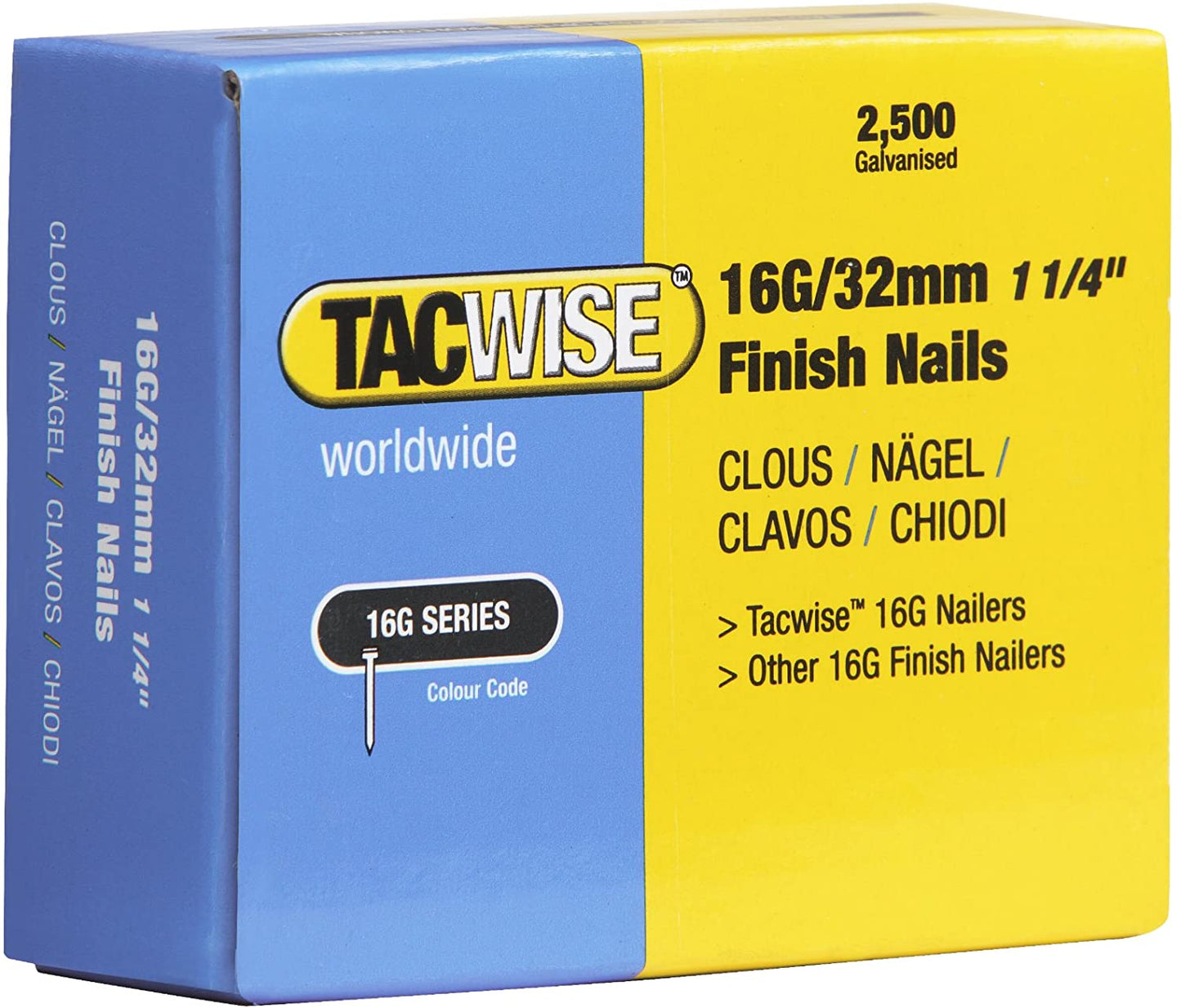 Tacwise 0294 Type 160 (16G) / 32 mm Galvanised Finish Nails, Pack of 2,500