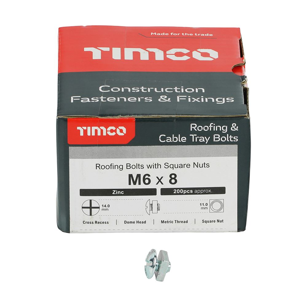 TIMCO Roofing Bolt & SQ Nut Zinc M6 x 8 Silver Pack 200