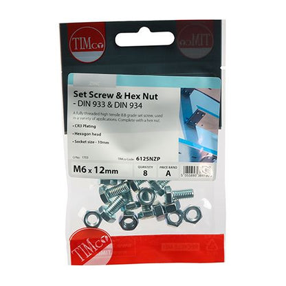 TIMCO Set Screw & Hex Nut - BZP M6 x 12 Silver Pack 8