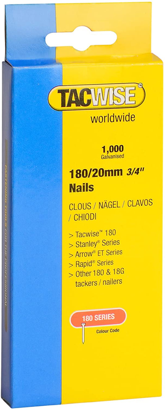 Tacwise 0360 Type 180 / 20 mm Galvanised 18G Brad Nails, Pack Of 1,000