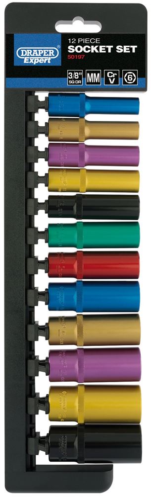 50197 Draper Expert Expert Metric Coloured Deep Socket Set, 3/8 Sq. Dr. (12 Piece) 3/8 Socket Sets Professional Trade DIY Workshop Garage Use
