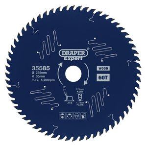 Draper TCT SAW BLADE 255MM 60T 35585 TCT Circular Saw Blade for Wood with PTFE Coating