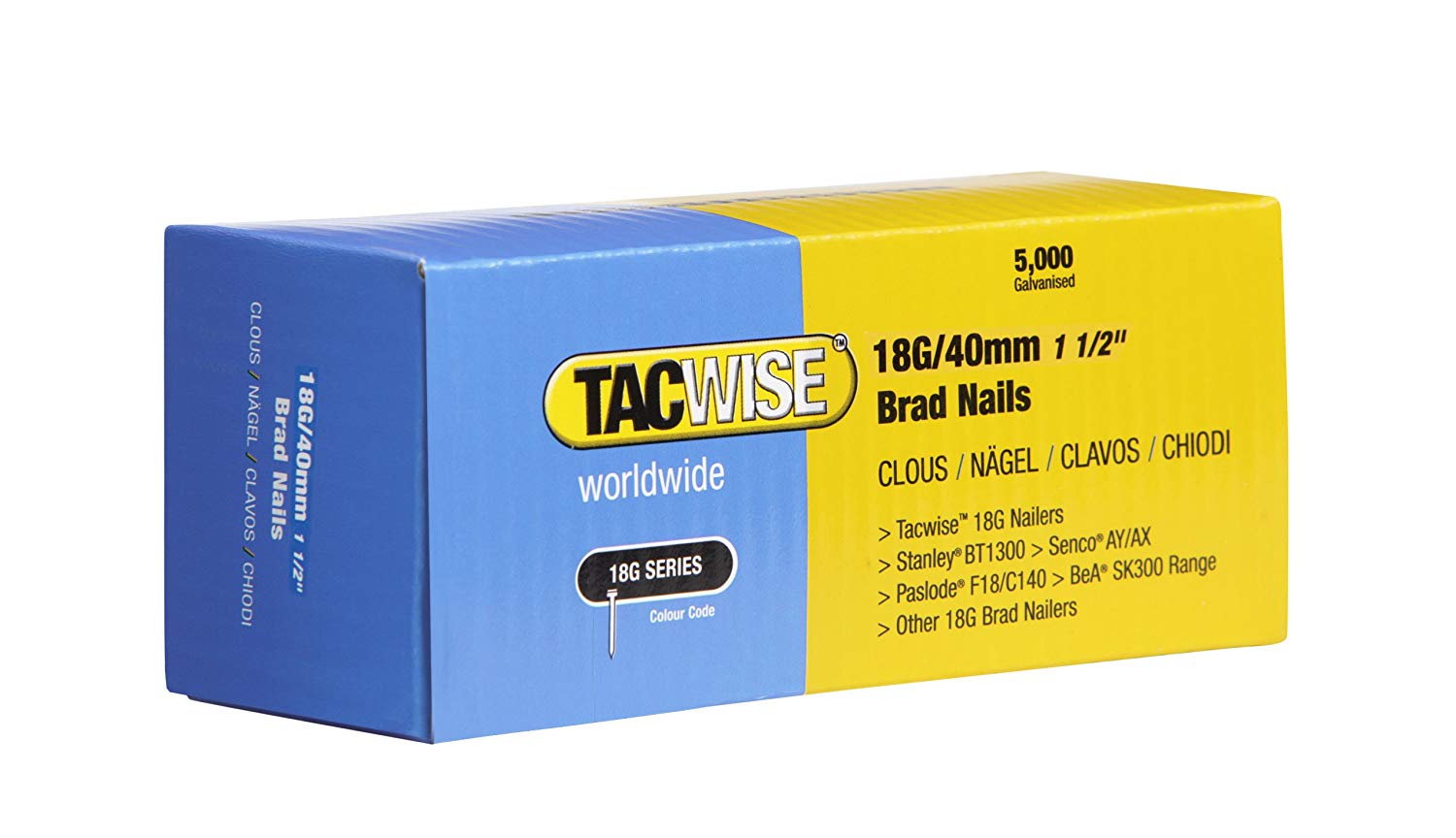 Tacwise 0400 Type 18G / 40 mm Galvanised Brad Nails, Pack of 5,000