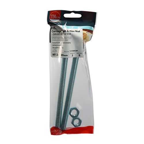TIMCO Carriage Bolt & Hex Nut - BZP M12 x 180 Silver Pack 2