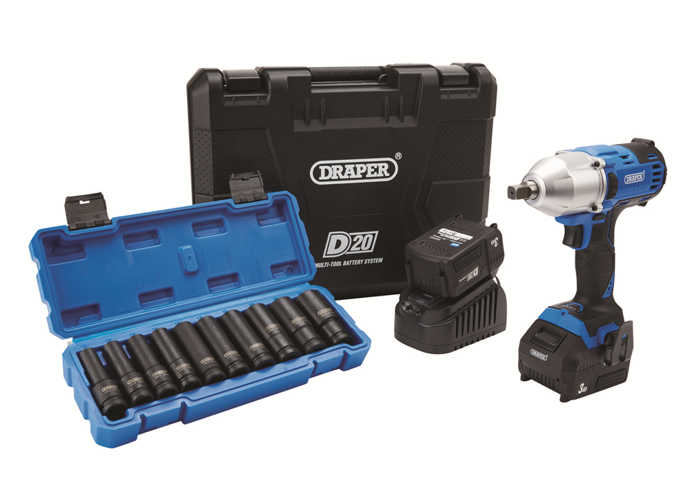 Draper D20 IMPACT & SOCKET COMBO 04791 D20 20V Brushless Mid-Torque Impact Wrench Kit, 1/2" Sq. Dr. & Metric Deep Impact Socket Set (10 Piece)